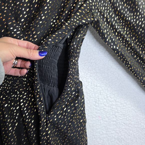 RIHOAS Black Gold Metallic Long Sleeve V Neck Midi Dress XL - Picture 12 of 16